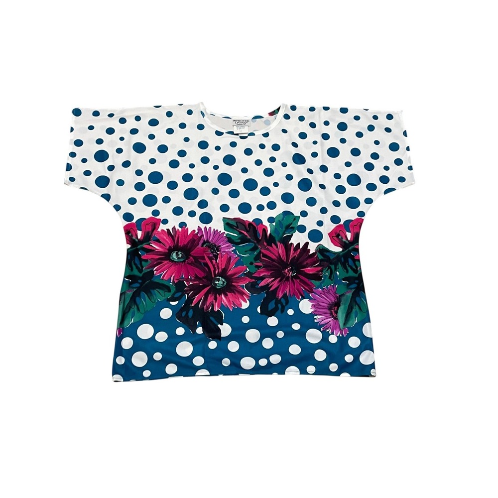 Improved Living Vintage Polka Dot Floral Short Sleeve Top‎ Teal Pink White SML
